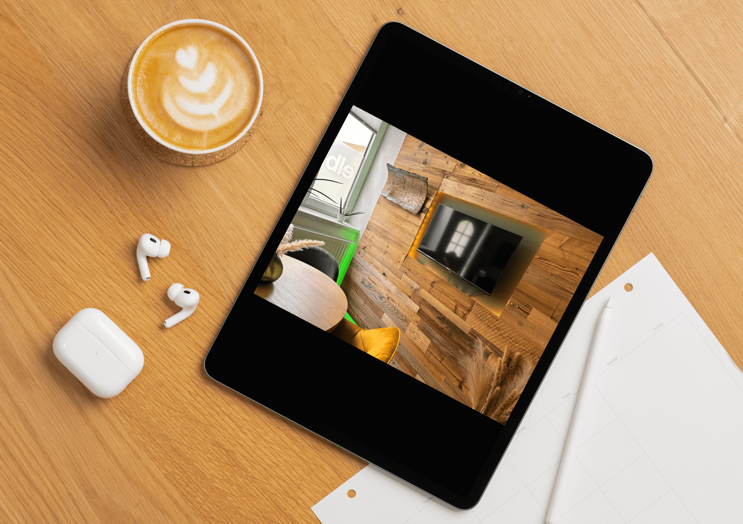 Angebotsübersicht Bild mit Tablet, Kopfhörern und Kaffee auf einem Tisch - ideal fürs Coworking